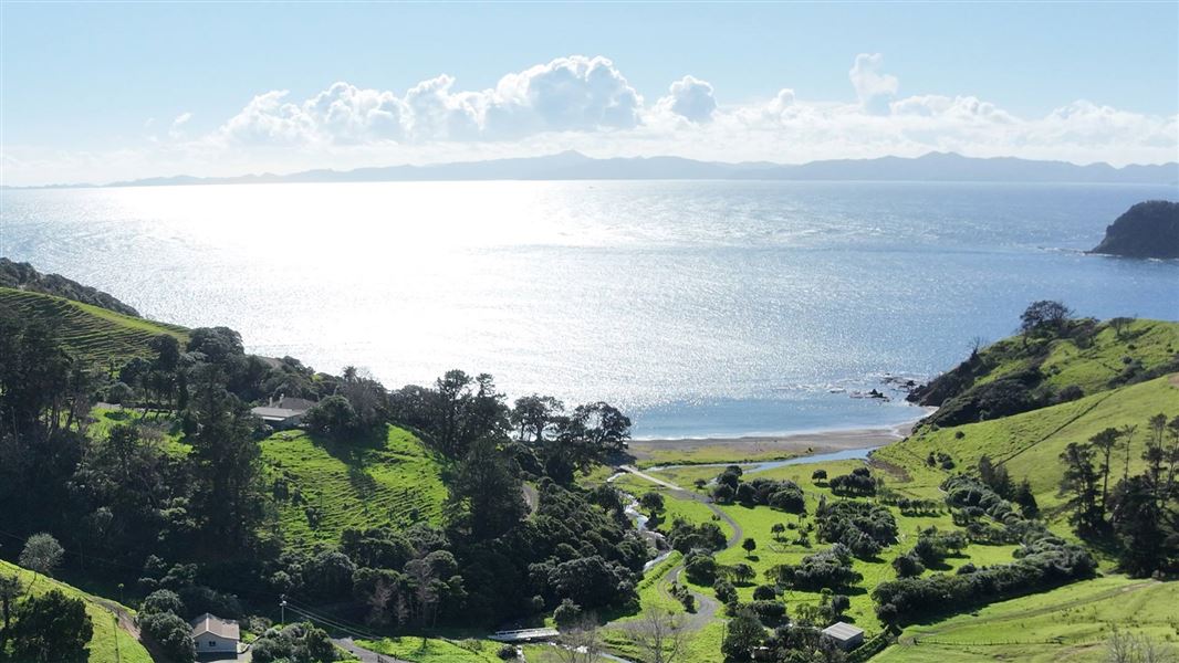 新西兰 Fletcher Bay 海滨营地与绿色山丘